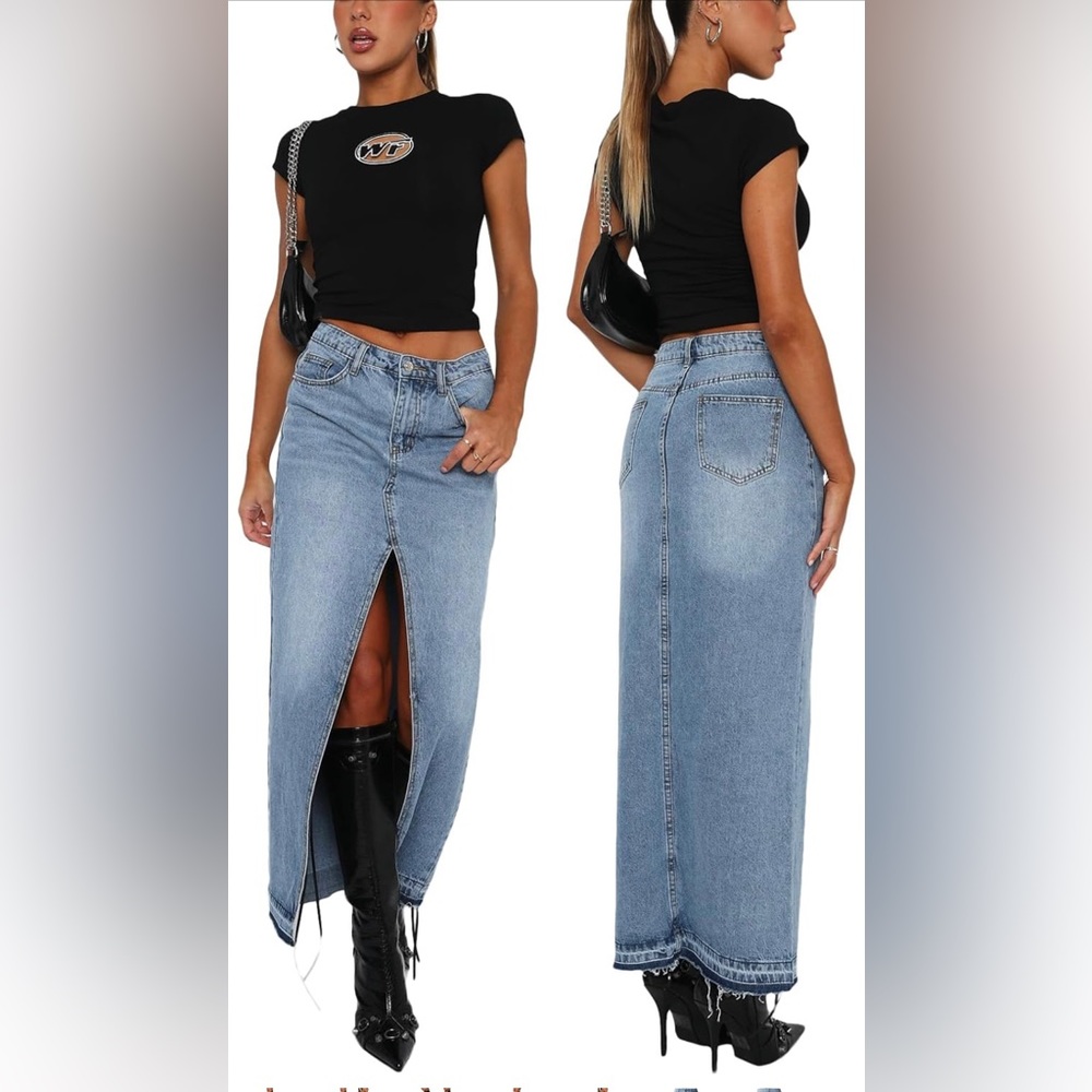 Denim maxi skirt with front slit